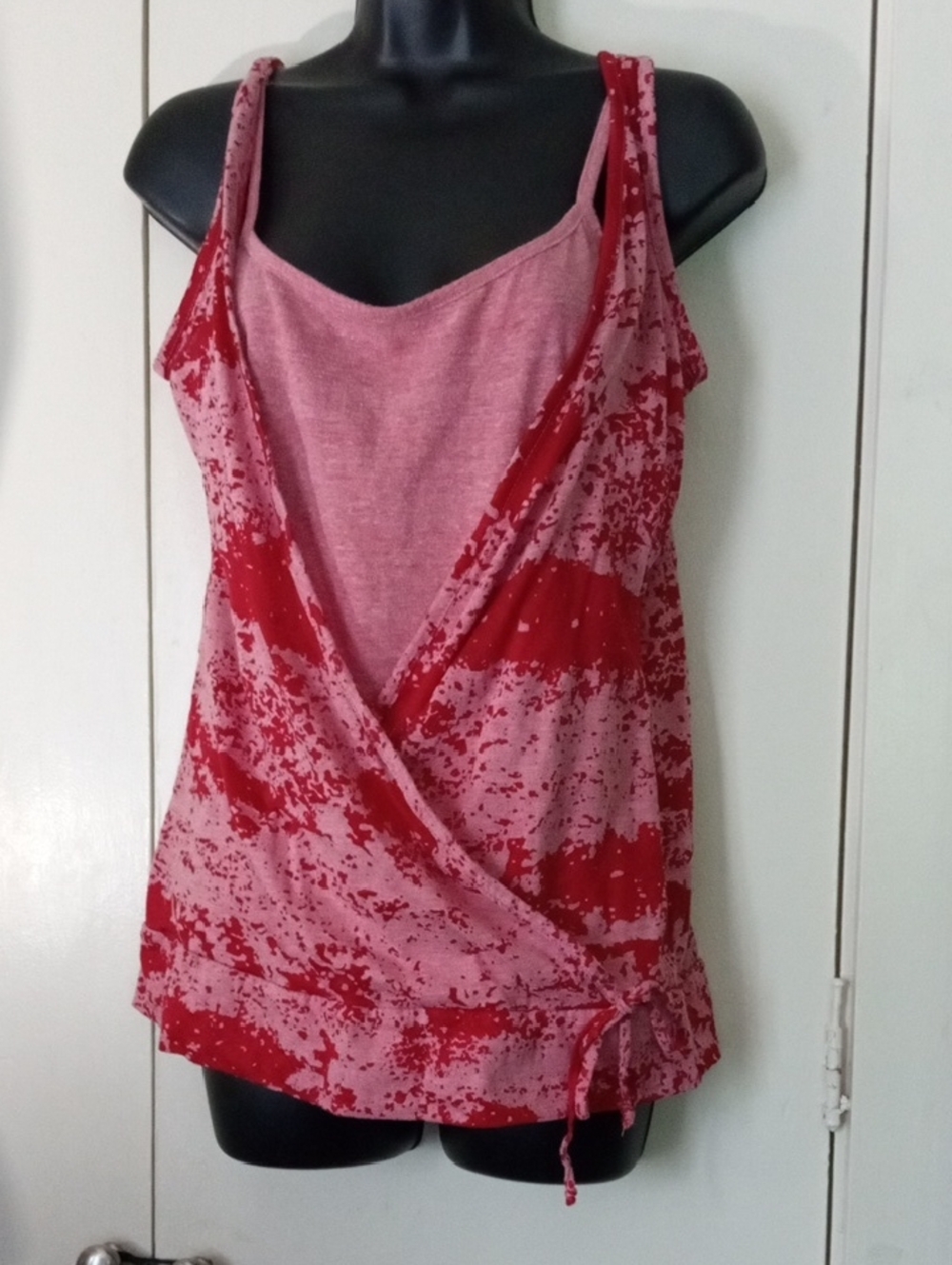 Self Esteem Boho Pink and Red Sleeveless Summer Faux Wrap Tank with Side Tie XL